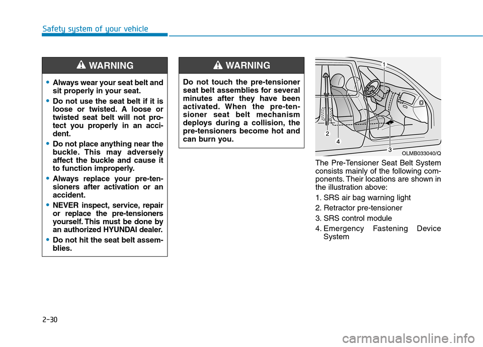 Hyundai Ioniq Electric 2020 Service Manual 2-30
Safety system of your vehicle
The Pre-Tensioner Seat Belt System
consists mainly of the following com-
ponents. Their locations are shown in
the illustration above:
1. SRS air bag warning light
2