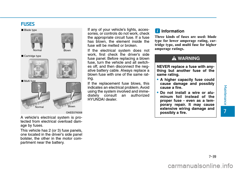 Hyundai Ioniq Electric 2020  Owners Manual 7-39
7
Maintenance
F FU
US
SE
ES
S
A vehicles electrical system is pro-
tected from electrical overload dam-
age by fuses.
This vehicle has 2 (or 3) fuse panels,
one located in the drivers side pane