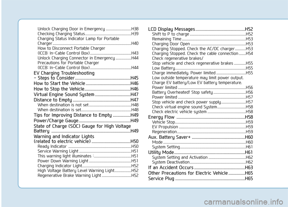 Hyundai Ioniq Electric 2020 Service Manual Unlock Charging Door in Emergency ..........................H38
Checking Charging Status ...............................................H39
Charging Status Indicator Lamp for Portable 
Charger .......