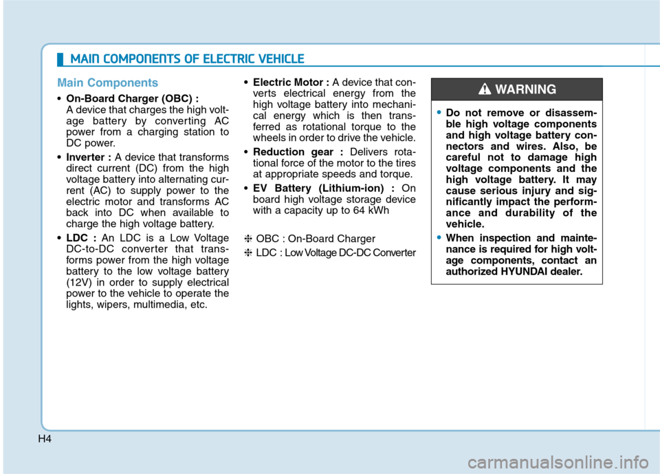 Hyundai Ioniq Electric 2020 Service Manual H4
Main Components
On-Board Charger (OBC) :
A device that charges the high volt-
age battery by converting AC
power from a charging station to
DC power.
• Inverter :A device that transforms
direct c