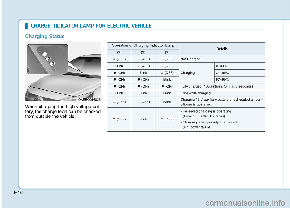 Hyundai Ioniq Electric 2020 Workshop Manual H16
C CH
HA
AR
RG
GE
E 
 I
IN
ND
DI
IC
CA
AT
TO
OR
R 
 L
LA
AM
MP
P 
 F
FO
OR
R 
 E
EL
LE
EC
CT
TR
RI
IC
C 
 V
VE
EH
HI
IC
CL
LE
E
Charging Status
When charging the high voltage bat-
tery, the charge 