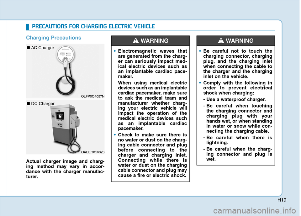 Hyundai Ioniq Electric 2020  Owners Manual H19
Charging Precautions
Actual charger image and charg-
ing method may vary in accor-
dance with the charger manufac-
turer.Electromagnetic waves that
are generated from the charg-
er can seriously i