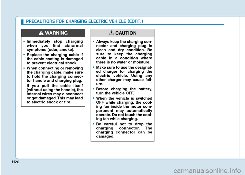 Hyundai Ioniq Electric 2020  Owners Manual H20
Immediately stop charging
when you find abnormal
symptoms (odor, smoke).
Replace the charging cable if
the cable coating is damaged
to prevent electrical shock.
When connecting or removing
the cha