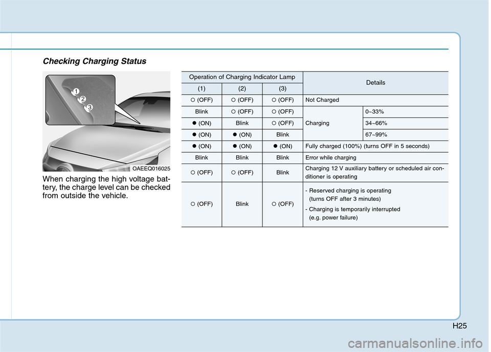 Hyundai Ioniq Electric 2020 Repair Manual H25
Checking Charging Status
When charging the high voltage bat-
tery, the charge level can be checked
from outside the vehicle.
OAEEQ016025
Operation of Charging Indicator LampDetails(1)(2)(3)
(OFF)