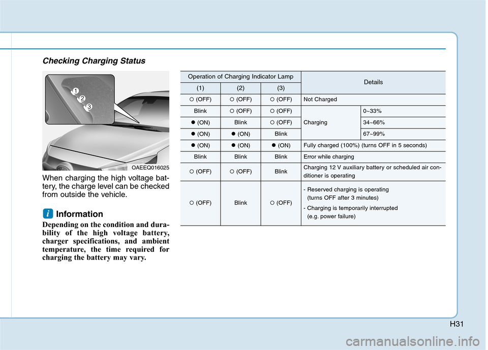 Hyundai Ioniq Electric 2020  Owners Manual H31
Checking Charging Status
When charging the high voltage bat-
tery, the charge level can be checked
from outside the vehicle.
Information 
Depending on the condition and dura-
bility of the high vo