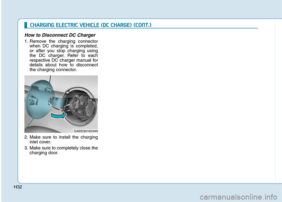 Hyundai Ioniq Electric 2020  Owners Manual H32
How to Disconnect DC Charger
1. Remove the charging connector
when DC charging is completed,
or after you stop charging using
the DC charger. Refer to each
respective DC charger manual for
details
