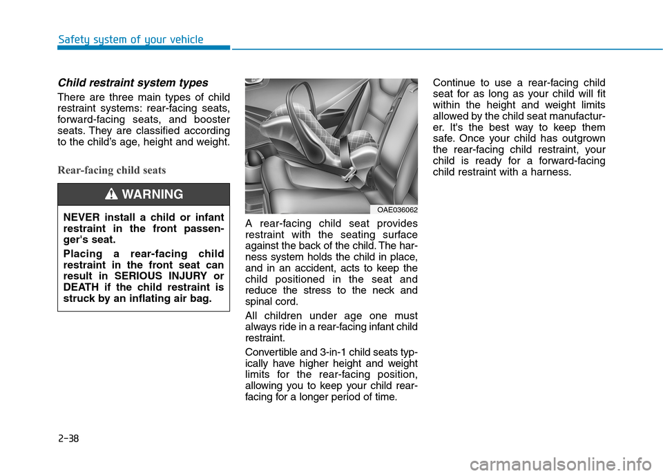 Hyundai Ioniq Electric 2020  Owners Manual 2-38
Safety system of your vehicle
Child restraint system types 
There are three main types of child
restraint systems: rear-facing seats,
forward-facing seats, and booster
seats. They are classified 