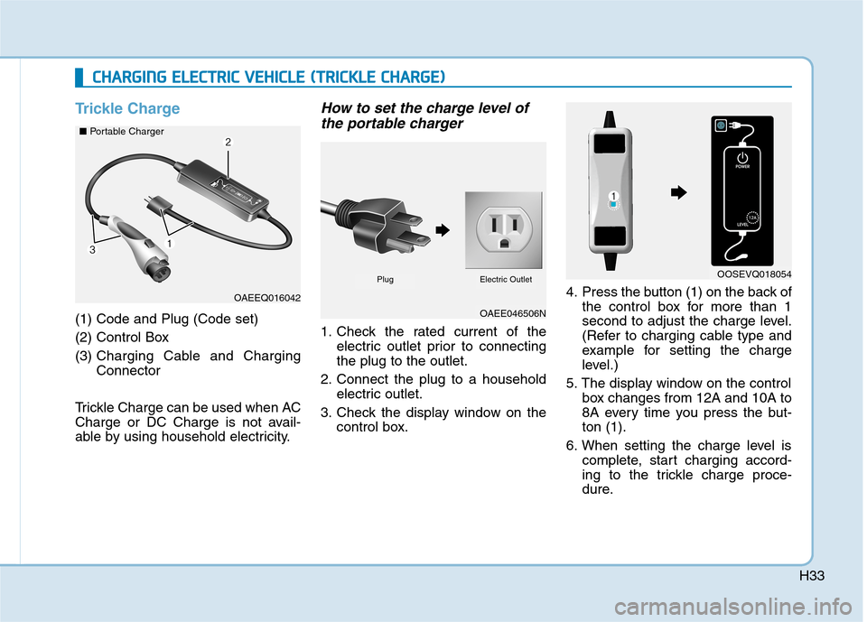 Hyundai Ioniq Electric 2020  Owners Manual H33
Trickle Charge
(1) Code and Plug (Code set) 
(2) Control Box
(3) Charging Cable and Charging
Connector
Trickle Charge can be used when AC
Charge or DC Charge is not avail-
able by using household 