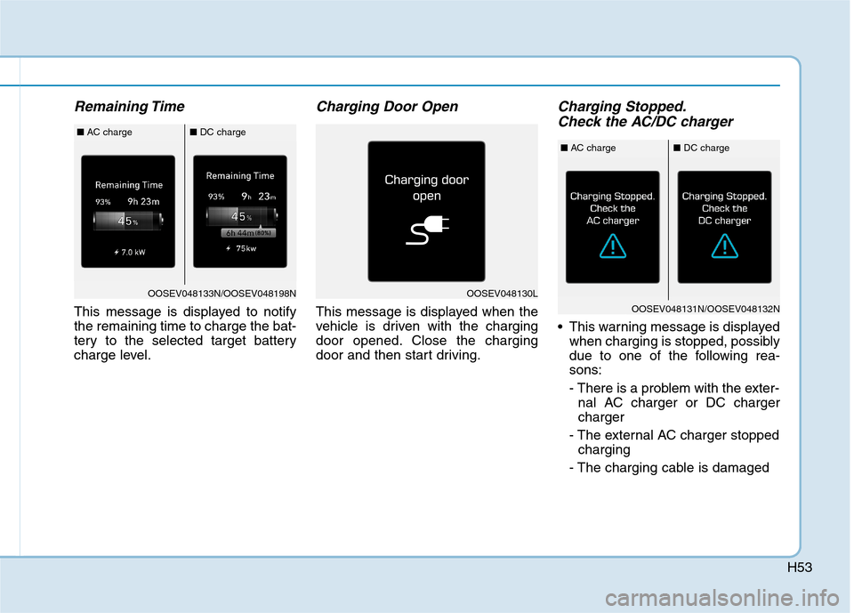 Hyundai Ioniq Electric 2020  Owners Manual H53
Remaining Time
This message is displayed to notify
the remaining time to charge the bat-
tery to the selected target battery
charge level.
Charging Door Open
This message is displayed when the
veh