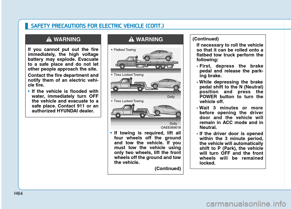 Hyundai Ioniq Electric 2020  Owners Manual H64
S SA
AF
FE
ET
TY
Y 
 P
PR
RE
EC
CA
AU
UT
TI
IO
ON
NS
S 
 F
FO
OR
R 
 E
EL
LE
EC
CT
TR
RI
IC
C 
 V
VE
EH
HI
IC
CL
LE
E 
 (
(C
CO
ON
NT
T.
.)
)
If you cannot put out the fire
immediately, the high v