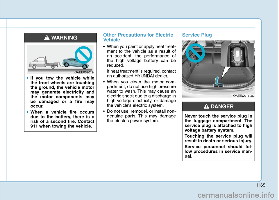 Hyundai Ioniq Electric 2020  Owners Manual H65
Other Precautions for Electric
Vehicle
 When you paint or apply heat treat-
ment to the vehicle as a result of
an accident, the performance of
the high voltage battery can be
reduced.
If heat trea