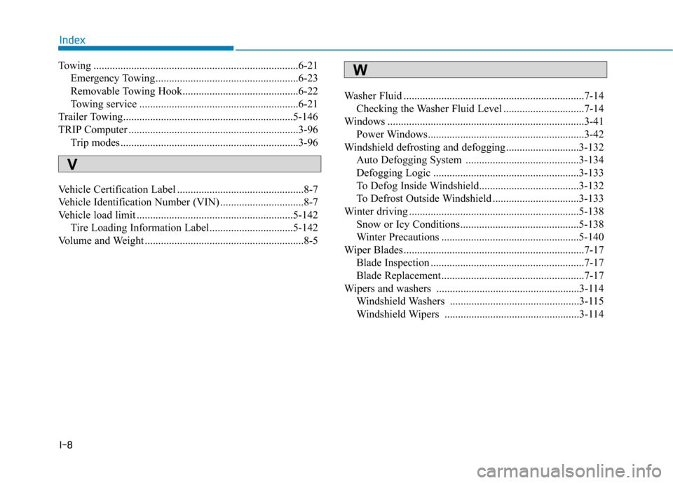 Hyundai Ioniq Electric 2020  Owners Manual I-8
Towing ............................................................................6-21
Emergency Towing.....................................................6-23
Removable Towing Hook.............