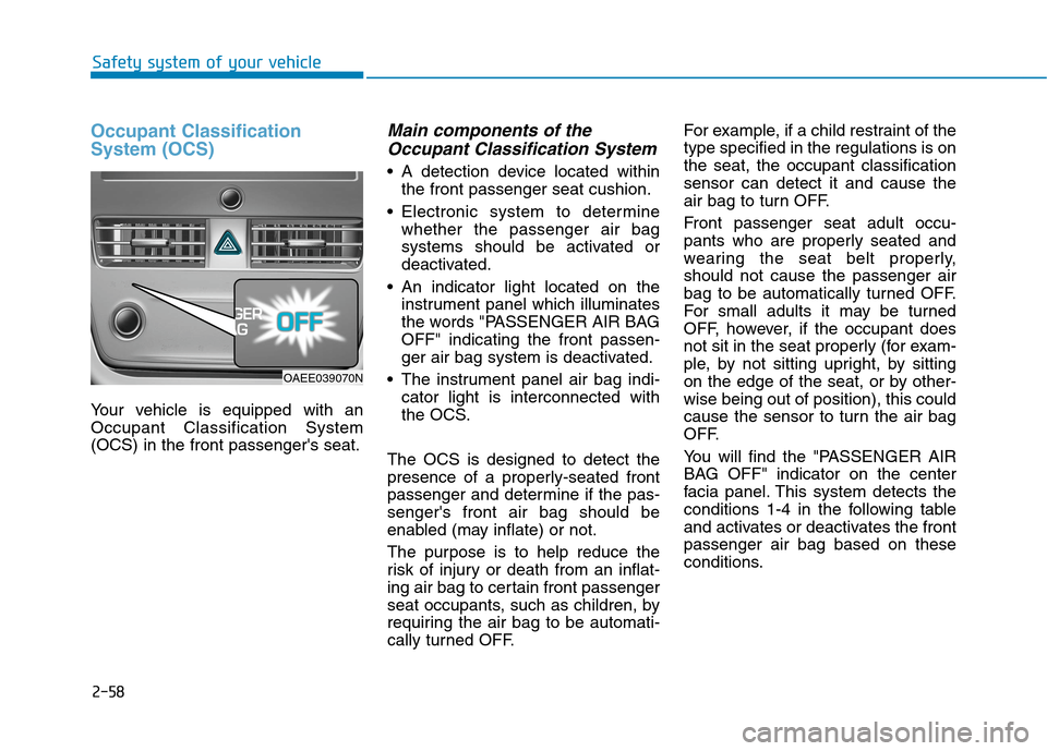 Hyundai Ioniq Electric 2020  Owners Manual 2-58
Safety system of your vehicle
Occupant Classification
System (OCS)
Your vehicle is equipped with an
Occupant Classification System
(OCS) in the front passengers seat.
Main components of the
Occu