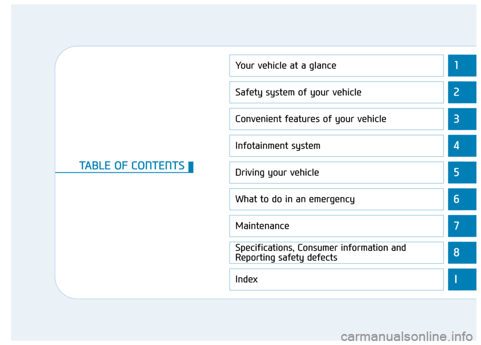 Hyundai Ioniq Electric 2020  Owners Manual 1
2
3
4
5
6
7
8
I
Your vehicle at a glance
Safety system of your vehicle
Convenient features of your vehicle
Infotainment system
Driving your vehicle
What to do in an emergency
Maintenance
Specificati