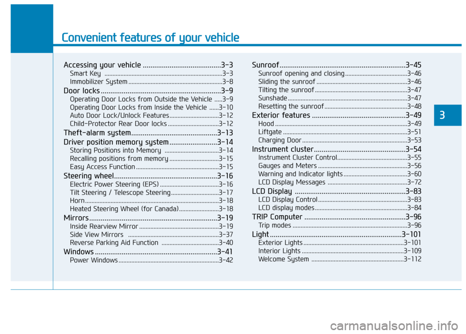 Hyundai Ioniq Electric 2020  Owners Manual Convenient features of your vehicle
Accessing your vehicle .........................................3-3
Smart Key  ..........................................................................3-3
Immobil