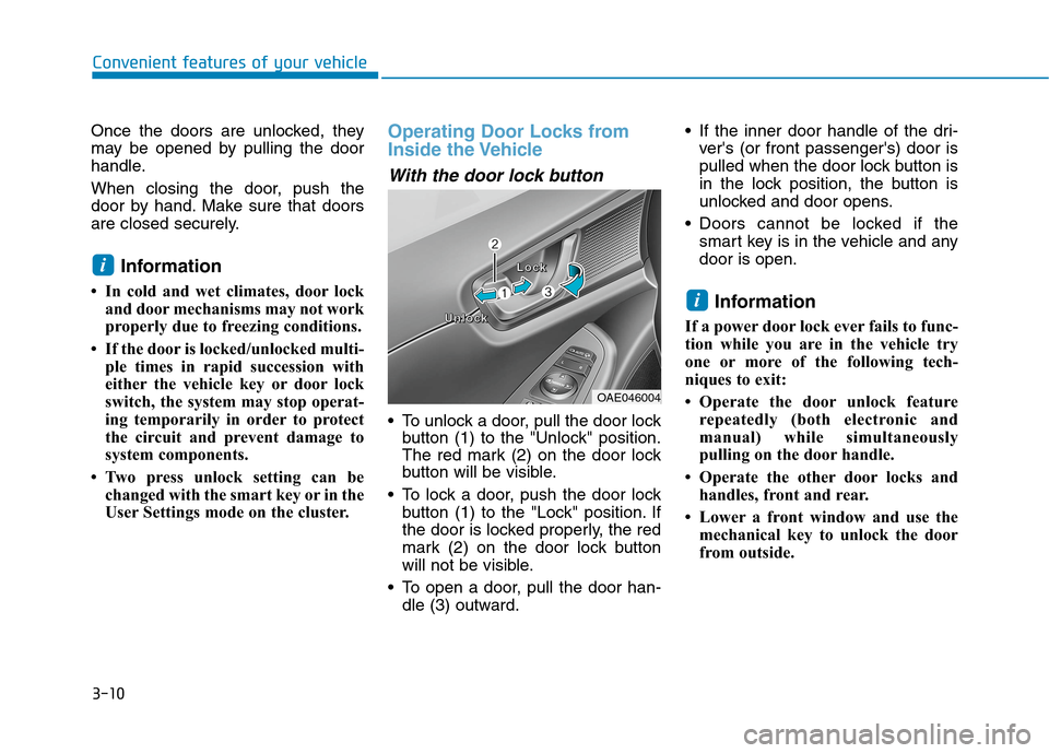 Hyundai Ioniq Electric 2020  Owners Manual 3-10
Convenient features of your vehicle
Once the doors are unlocked, they
may be opened by pulling the door
handle.
When closing the door, push the
door by hand. Make sure that doors
are closed secur