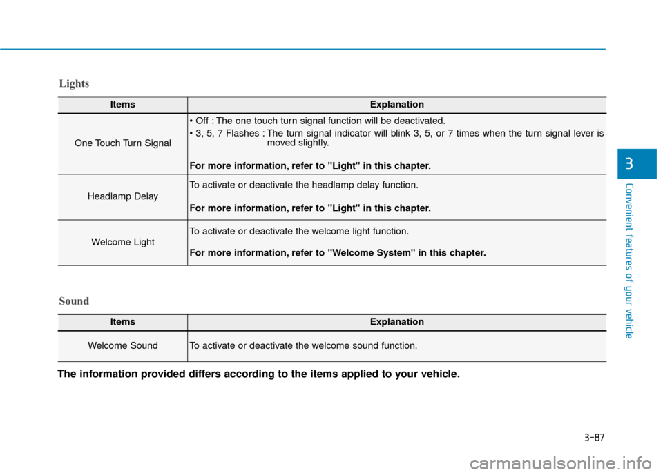 Hyundai Ioniq Electric 2019  Owners Manual 3-87
Convenient features of your vehicle
3
The information provided differs according to the items applied to your vehicle.
ItemsExplanation
One Touch Turn Signal
 The one touch turn signal function w