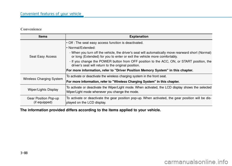 Hyundai Ioniq Electric 2019 Owners Manual 3-88
Convenient features of your vehicle
ItemsExplanation
Seat Easy Access
The seat easy access function is deactivated.
- When you turn off the vehicle, the drivers seat will automatically move rea Hyundai Ioniq Electric 2019 Owners Manual 3-88
Convenient features of your vehicle
ItemsExplanation
Seat Easy Access
The seat easy access function is deactivated.
- When you turn off the vehicle, the drivers seat will automatically move rea