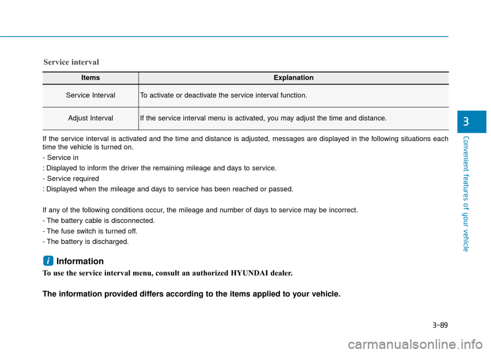 Hyundai Ioniq Electric 2019  Owners Manual 3-89
Convenient features of your vehicle
3
ItemsExplanation
Service IntervalTo activate or deactivate the service interval function.
Adjust IntervalIf the service interval menu is activated, you may a