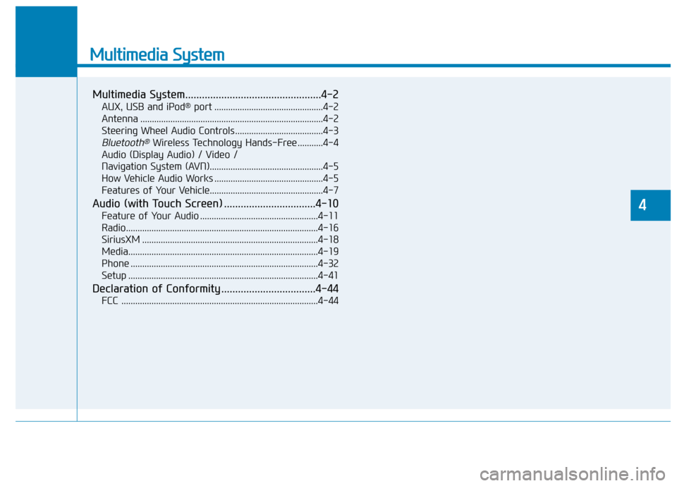 Hyundai Ioniq Electric 2019  Owners Manual Multimedia System
Multimedia System.................................................4-2
AUX, USB and iPod®port ...............................................4-2
Antenna .............................