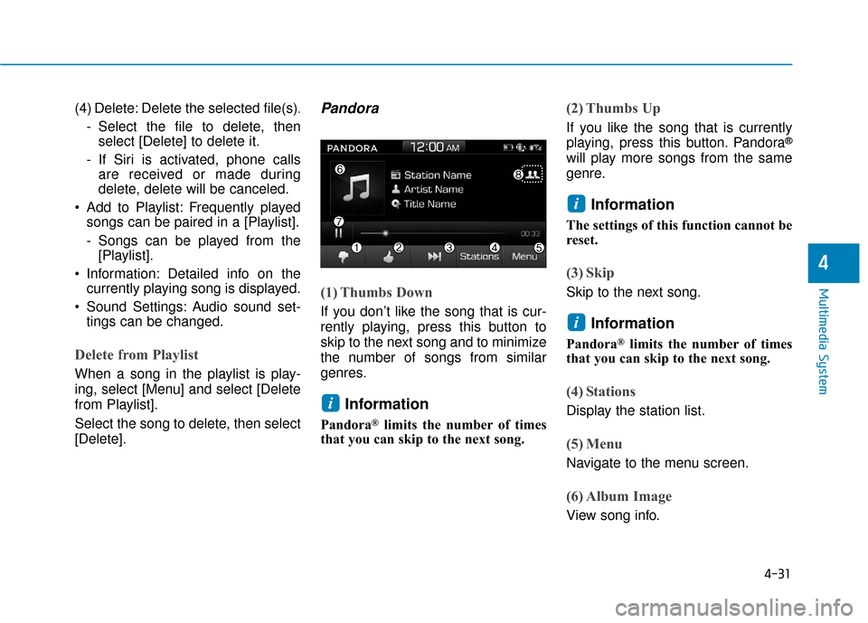 Hyundai Ioniq Electric 2019 Owners Guide 4-31
Multimedia System
4
(4) Delete: Delete the selected file(s).
- Select the file to delete, thenselect [Delete] to delete it.
- If Siri is activated, phone calls are received or made during
delete,