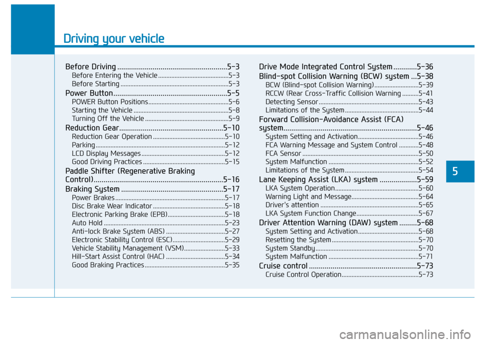 Hyundai Ioniq Electric 2019  Owners Manual Driving your vehicle
Before Driving ........................................................5-3
Before Entering the Vehicle ...........................................5-3
Before Starting .............