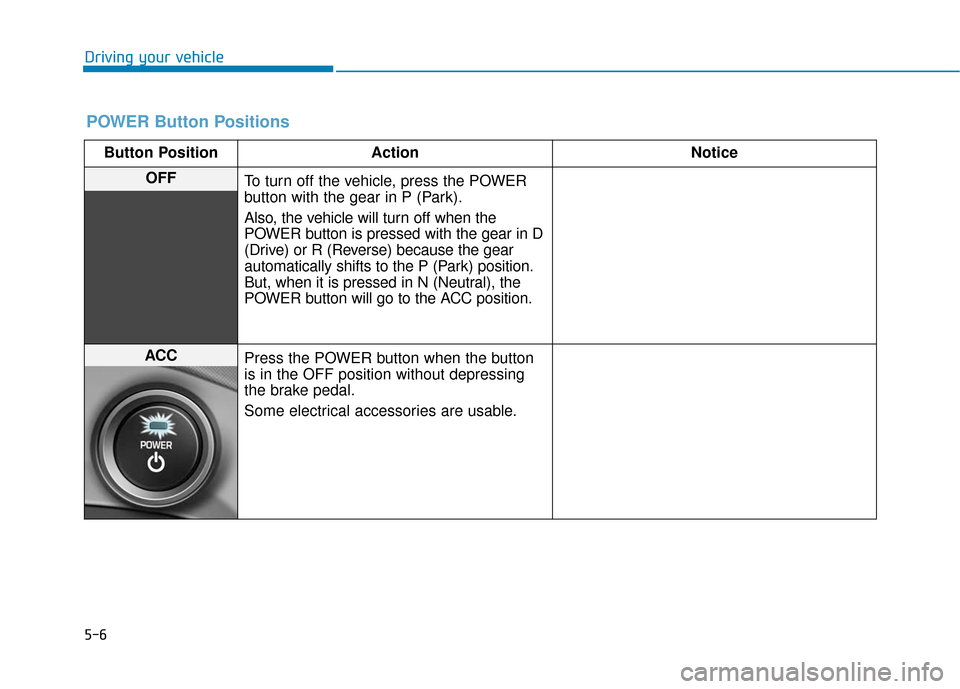 Hyundai Ioniq Electric 2019  Owners Manual 5-6
Driving your vehicle
POWER Button Positions
Button PositionAction Notice
OFF
To turn off the vehicle, press the POWER
button with the gear in P (Park).
Also, the vehicle will turn off when the
POW