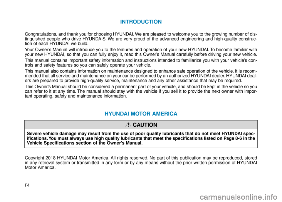 Hyundai Ioniq Electric 2019  Owners Manual F4
INTRODUCTION
Congratulations, and thank you for choosing HYUNDAI. We are pleased to welcome you to the growing number of dis-
tinguished people who drive HYUNDAIS. We are very proud of the advanced