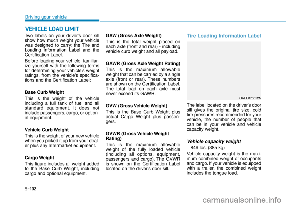 Hyundai Ioniq Electric 2019  Owners Manual 5-102
Driving your vehicle
Two labels on your drivers door sill
show how much weight your vehicle
was designed to carry: the Tire and
Loading Information Label and the
Certification Label.
Before loa