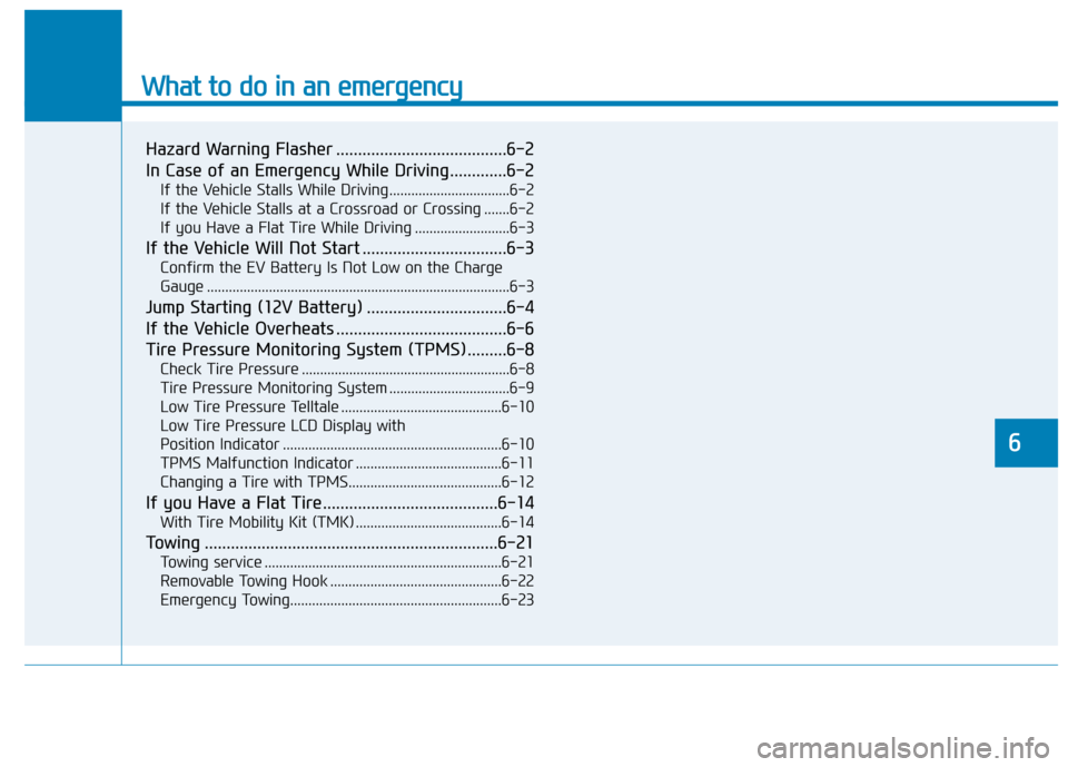 Hyundai Ioniq Electric 2019  Owners Manual What to do in an emergency
6
Hazard Warning Flasher .......................................6-2
In Case of an Emergency While Driving.............6-2
If the Vehicle Stalls While Driving ...............