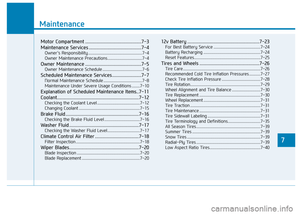 Hyundai Ioniq Electric 2019  Owners Manual 7
Maintenance
7
Maintenance
Motor Compartment ..............................................7-3
Maintenance Services ...........................................7-4
Owners Responsibility .............