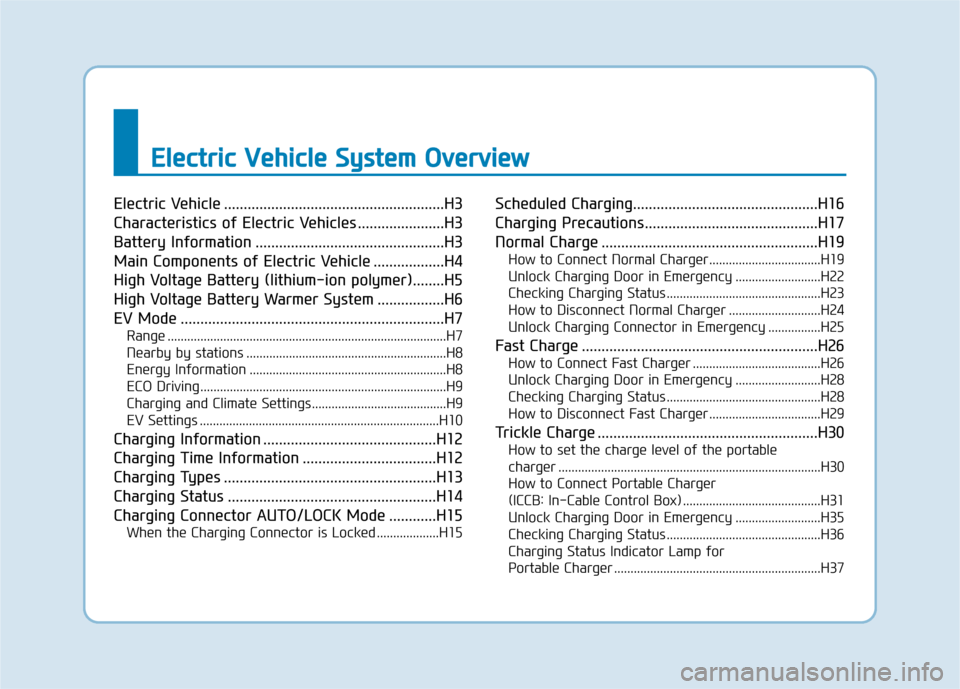 Hyundai Ioniq Electric 2019 Owners Manual E
El
le
e c
ct
tr
r i
ic
c
V
V e
eh
h i
ic
c l
le
e
S
S y
ys
st
te
e m
m
O
O v
ve
e r
rv
v i
ie
e w
w
Electric Vehicle ........................................................H3
Characteristi Hyundai Ioniq Electric 2019 Owners Manual E
El
le
e c
ct
tr
r i
ic
c
V
V e
eh
h i
ic
c l
le
e
S
S y
ys
st
te
e m
m
O
O v
ve
e r
rv
v i
ie
e w
w
Electric Vehicle ........................................................H3
Characteristi