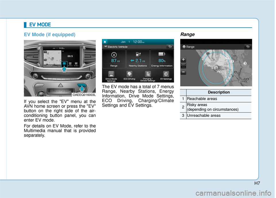 Hyundai Ioniq Electric 2019 Owners Manual H7
EV Mode (if equipped)
If you select the "EV" menu at the
AVN home screen or press the "EV"
button on the right side of the air-
conditioning button panel, you can
enter EV mode.
For details on EV M Hyundai Ioniq Electric 2019 Owners Manual H7
EV Mode (if equipped)
If you select the "EV" menu at the
AVN home screen or press the "EV"
button on the right side of the air-
conditioning button panel, you can
enter EV mode.
For details on EV M