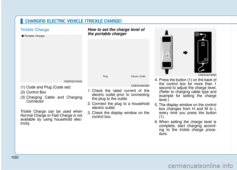 Hyundai Ioniq Electric 2019  Owners Manual H30
Trickle Charge
(1) Code and Plug (Code set) 
(2) Control Box
(3) Charging Cable and Charging
Connector
Trickle Charge can be used when
Normal Charge or Fast Charge is not
available by using househ