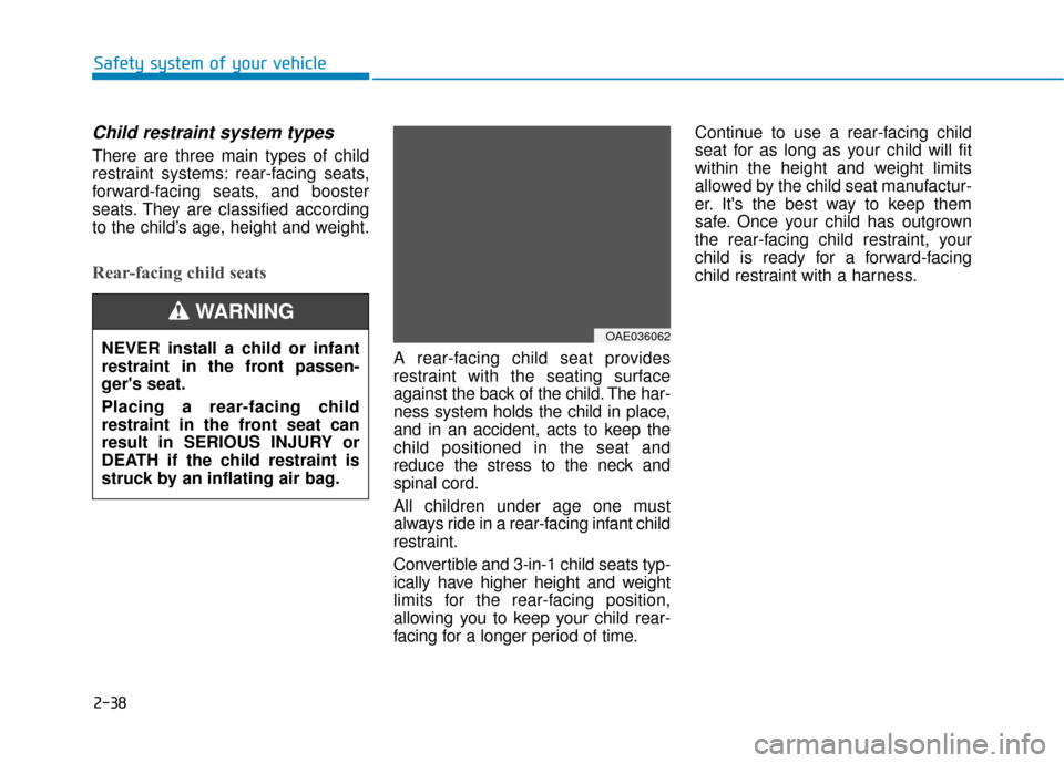 Hyundai Ioniq Electric 2019  Owners Manual 2-38
Safety system of your vehicle
Child restraint system types 
There are three main types of child
restraint systems: rear-facing seats,
forward-facing seats, and booster
seats. They are classified 