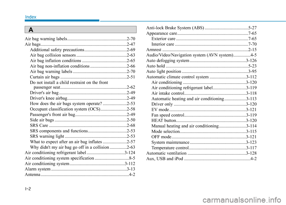 Hyundai Ioniq Electric 2019  Owners Manual I-2
Air bag warning labels ....................................................2-70
Air bags ........................................................................\
...2-47Additional safety precauti