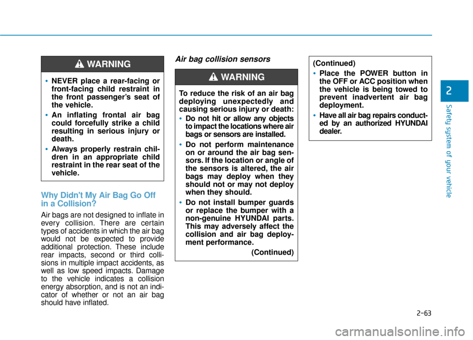 Hyundai Ioniq Electric 2019  Owners Manual 2-63
Safety system of your vehicle
2
Why Didnt My Air Bag Go Off
in a Collision? 
Air bags are not designed to inflate in
every collision.There are certain
types of accidents in which the air bag
wou