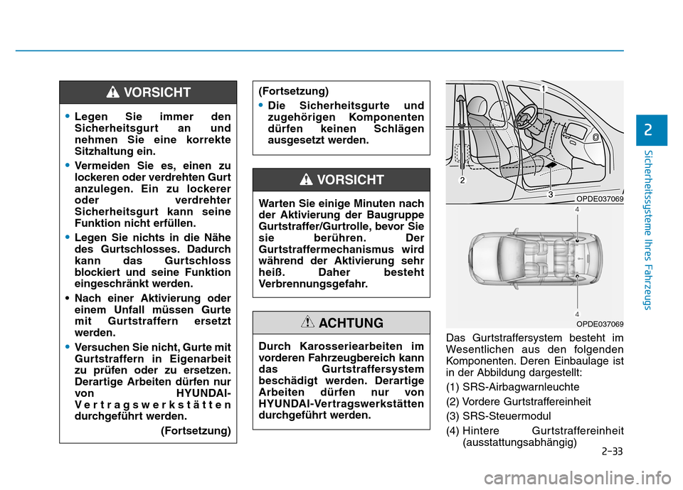 Hyundai Ioniq Electric 2019 Betriebsanleitung Sicherheitssysteme Ihres Fahrzeugs
2
Das Gurtstraffersystem besteht im
Wesentlichen aus den folgenden
Komponenten. Deren Einbaulage ist
in der Abbildung dargestellt:
(1) SRS-Airbagwarnleuchte
(2) Vord Hyundai Ioniq Electric 2019 Betriebsanleitung Sicherheitssysteme Ihres Fahrzeugs
2
Das Gurtstraffersystem besteht im
Wesentlichen aus den folgenden
Komponenten. Deren Einbaulage ist
in der Abbildung dargestellt:
(1) SRS-Airbagwarnleuchte
(2) Vord