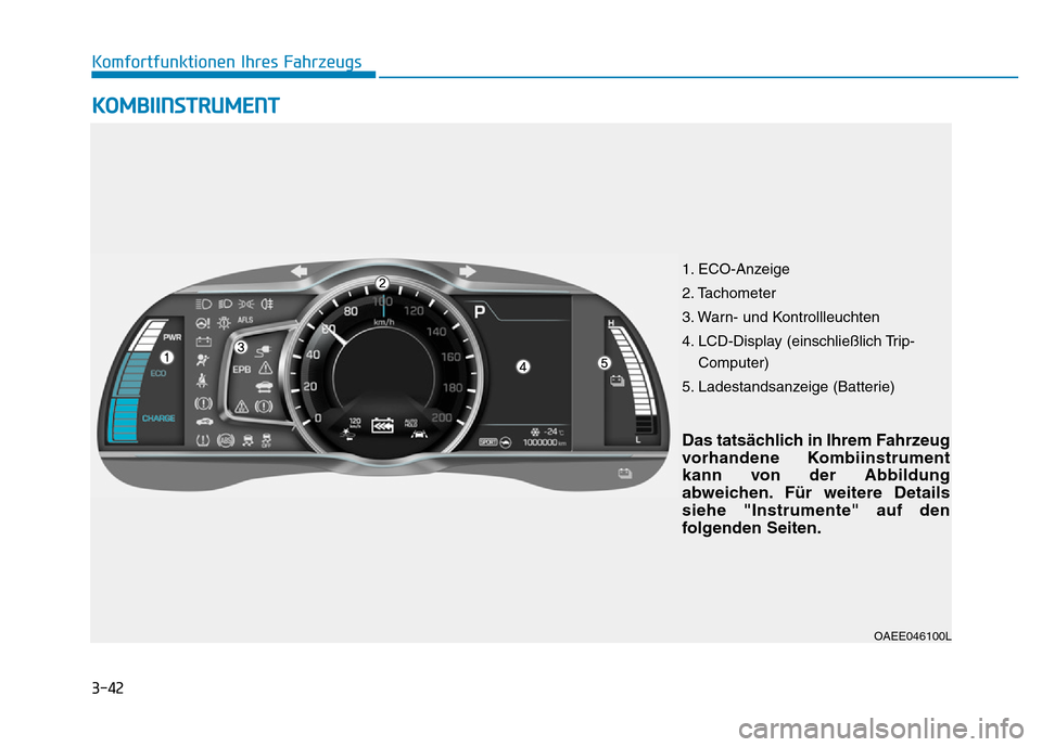 Hyundai Ioniq Electric 2019  Betriebsanleitung 3-42
Komfortfunktionen Ihres Fahrzeugs
1. ECO-Anzeige
2. Tachometer
3. Warn- und Kontrollleuchten
4. LCD-Display (einschließlich Trip-Computer)
5. Ladestandsanzeige (Batterie)
OAEE046100L
KOMBIINSTRU