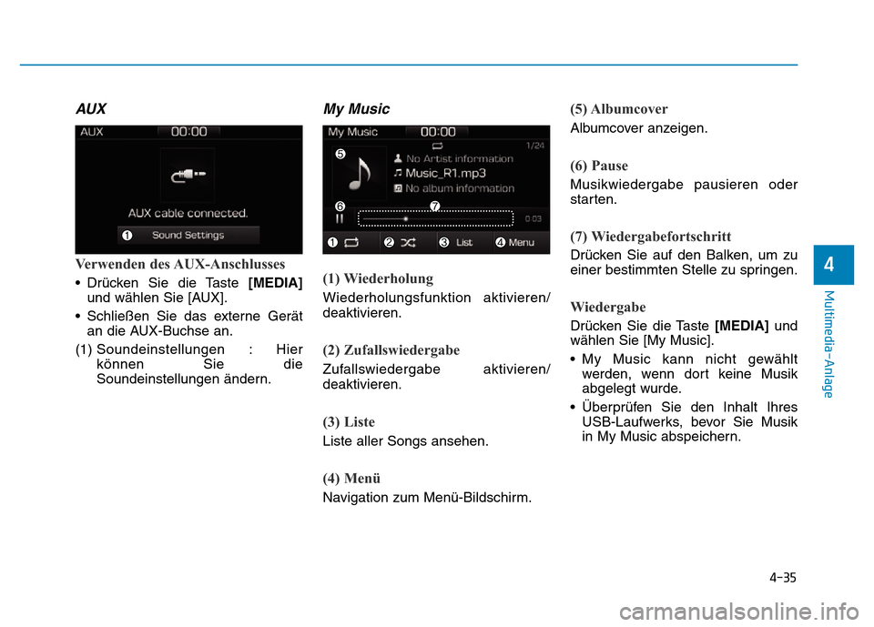 Hyundai Ioniq Electric 2019  Betriebsanleitung 4-35
Multimedia-Anlage 
4
AUX
Verwenden des AUX-Anschlusses
• Drücken Sie die Taste [MEDIA]und wählen Sie [AUX].
• Schließen Sie das externe Gerät an die AUX-Buchse an.
(1)  Soundeinstellungen