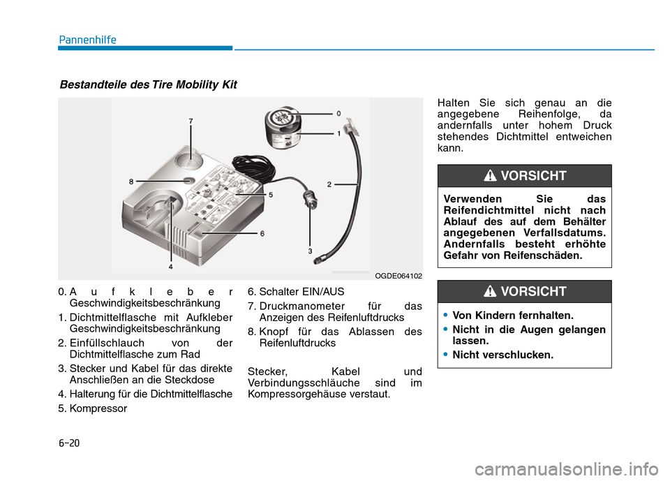Hyundai Ioniq Electric 2019 Betriebsanleitung 6-20
Pannenhilfe
0.Aufkleber Geschwindigkeitsbeschränkung
1. Dichtmittelflasche mit Aufkleber Geschwindigkeitsbeschränkung
2. Einfüllschlauch von der Dichtmittelflasche zum Rad
3. Stecker und Kabel Hyundai Ioniq Electric 2019 Betriebsanleitung 6-20
Pannenhilfe
0.Aufkleber Geschwindigkeitsbeschränkung
1. Dichtmittelflasche mit Aufkleber Geschwindigkeitsbeschränkung
2. Einfüllschlauch von der Dichtmittelflasche zum Rad
3. Stecker und Kabel