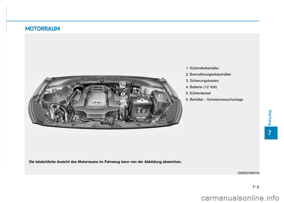Hyundai Ioniq Electric 2019 Betriebsanleitung 7-3
7
Wartung
MOTORRAUM
OAEE076001N
1. Kühlmittelbehälter
2. Bremsflüssigkeitsbehälter
3. Sicherungskasten
4. Batterie (12 Volt)
5. Kühlerdeckel
6. Behälter - Scheibenwaschanlage
Die tatsächlic Hyundai Ioniq Electric 2019 Betriebsanleitung 7-3
7
Wartung
MOTORRAUM
OAEE076001N
1. Kühlmittelbehälter
2. Bremsflüssigkeitsbehälter
3. Sicherungskasten
4. Batterie (12 Volt)
5. Kühlerdeckel
6. Behälter - Scheibenwaschanlage
Die tatsächlic