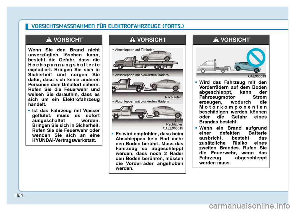 Hyundai Ioniq Electric 2019  Betriebsanleitung H64
VORSICHTSMASSNAHMEN FÜR ELEKTROFAHRZEUGE (FORTS.)
Wenn Sie den Brand nicht
unverzüglich löschen kann,
besteht die Gefahr, dass die
Hochspannungsbatterie
explodiert. Bringen Sie sich in
Sicherhe
