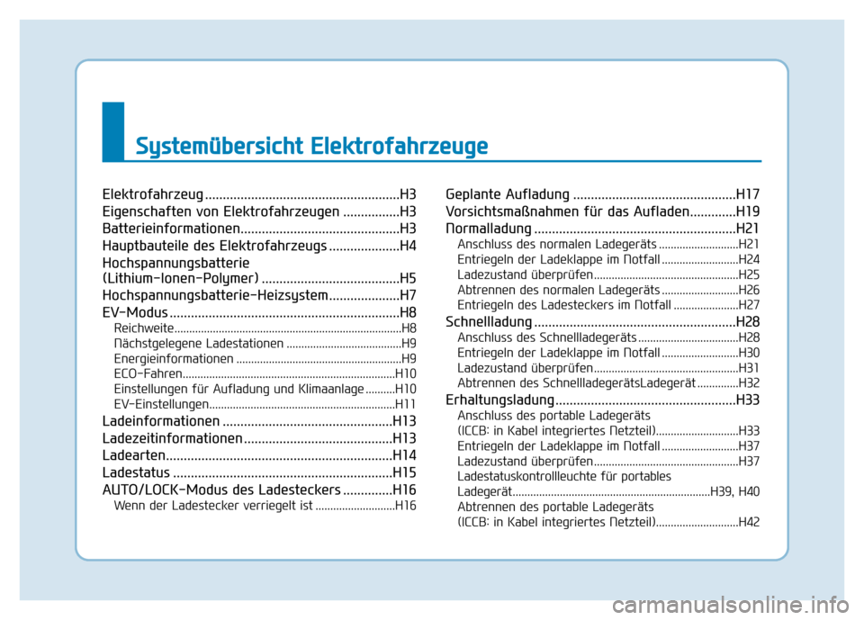 Hyundai Ioniq Electric 2019  Betriebsanleitung Systemübersicht Elektrofahrzeuge
Elektrofahrzeug .......................................................H3
Eigenschaften von Elektrofahrzeugen ................H3
Batterieinformationen................