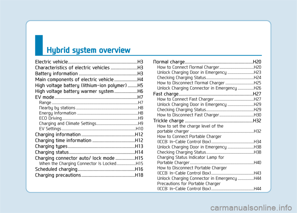 Hyundai Ioniq Electric 2019 Owners Manual - RHD (UK, Australia) H
Hy
yb
br
ri
id
d
s
s y
y s
st
te
e m
m
o
o v
ve
e r
rv
v i
ie
e w
w
Electric vehicle.........................................................H3
Characteristics of electric vehicles ........... Hyundai Ioniq Electric 2019 Owners Manual - RHD (UK, Australia) H
Hy
yb
br
ri
id
d
s
s y
y s
st
te
e m
m
o
o v
ve
e r
rv
v i
ie
e w
w
Electric vehicle.........................................................H3
Characteristics of electric vehicles ...........