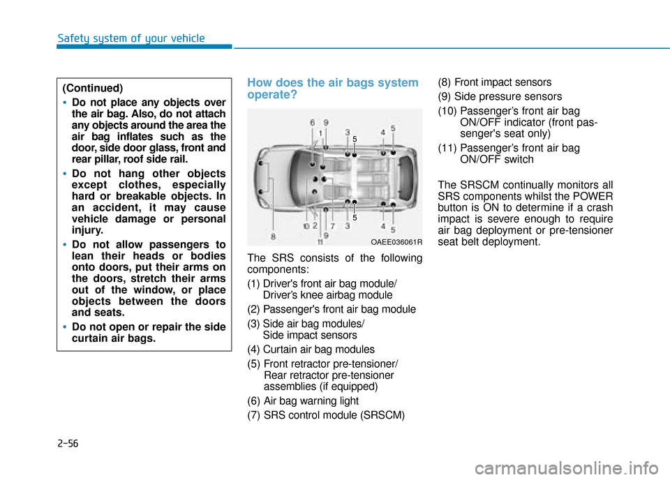 Hyundai Ioniq Electric 2019 Owners Manual - RHD (UK, Australia) 2-56
Safety system of your vehicle
How does the air bags system
operate?
The SRS consists of the following
components:
(1) Drivers front air bag module/Driver’s knee airbag module
(2) Passengers Hyundai Ioniq Electric 2019 Owners Manual - RHD (UK, Australia) 2-56
Safety system of your vehicle
How does the air bags system
operate?
The SRS consists of the following
components:
(1) Drivers front air bag module/Driver’s knee airbag module
(2) Passengers