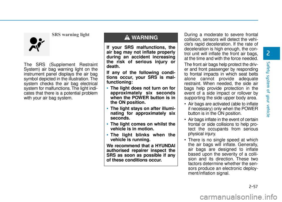 Hyundai Ioniq Electric 2019 Owners Manual - RHD (UK, Australia) 2-57
Safety system of your vehicle
2
SRS warning light
The SRS (Supplement Restraint
System) air bag warning light on the
instrument panel displays the air bag
symbol depicted in the illustration. The Hyundai Ioniq Electric 2019 Owners Manual - RHD (UK, Australia) 2-57
Safety system of your vehicle
2
SRS warning light
The SRS (Supplement Restraint
System) air bag warning light on the
instrument panel displays the air bag
symbol depicted in the illustration. The