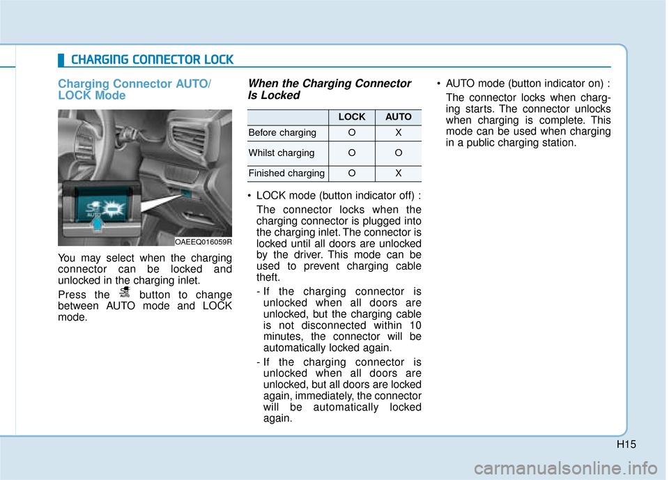 Hyundai Ioniq Electric 2019   - RHD (UK, Australia) User Guide H15
Charging Connector AUTO/
LOCK Mode
You may select when the charging
connector can be locked and
unlocked in the charging inlet.
Press the  button to change
between AUTO mode and LOCK
mode.
When th