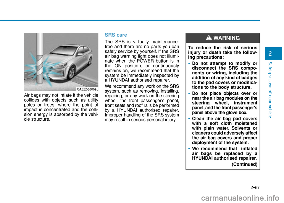 Hyundai Ioniq Electric 2019 Owners Manual - RHD (UK, Australia) 2-67
Safety system of your vehicle
2
Air bags may not inflate if the vehicle
collides with objects such as utility
poles or trees, where the point of
impact is concentrated and the colli-
sion energy Hyundai Ioniq Electric 2019 Owners Manual - RHD (UK, Australia) 2-67
Safety system of your vehicle
2
Air bags may not inflate if the vehicle
collides with objects such as utility
poles or trees, where the point of
impact is concentrated and the colli-
sion energy