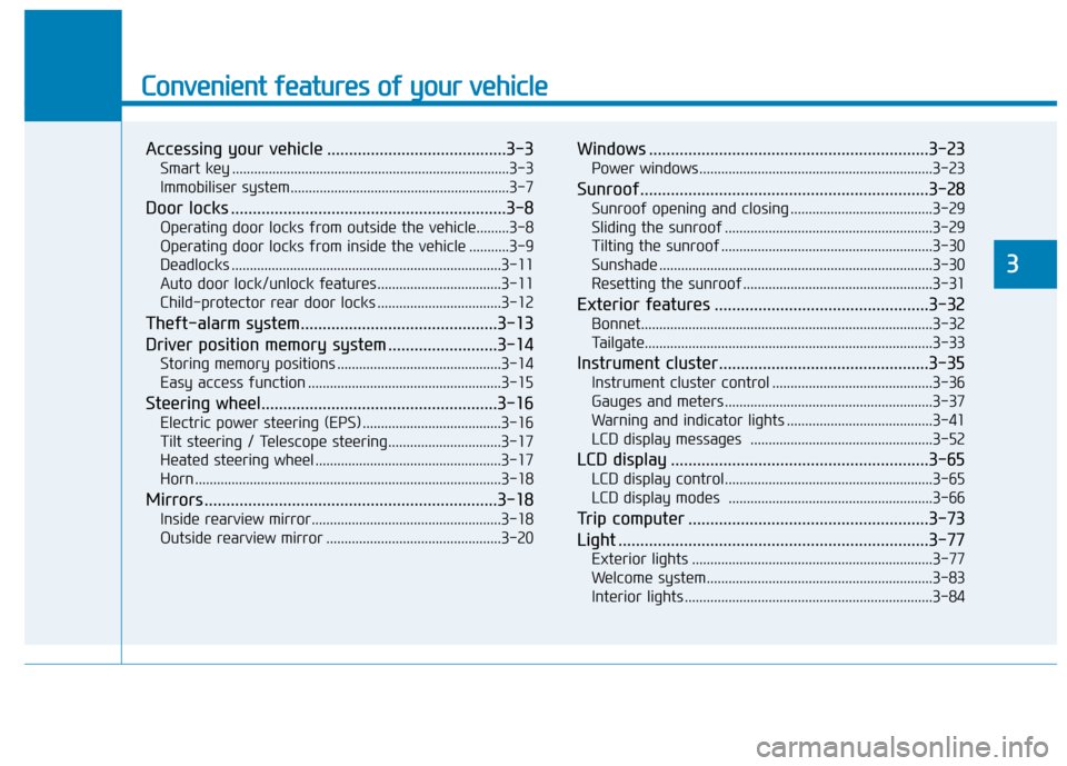 Hyundai Ioniq Electric 2019  Owners Manual - RHD (UK, Australia) Convenient features of your vehicle
Accessing your vehicle .........................................3-3
Smart key ........................................................................\
....3-3
Immo